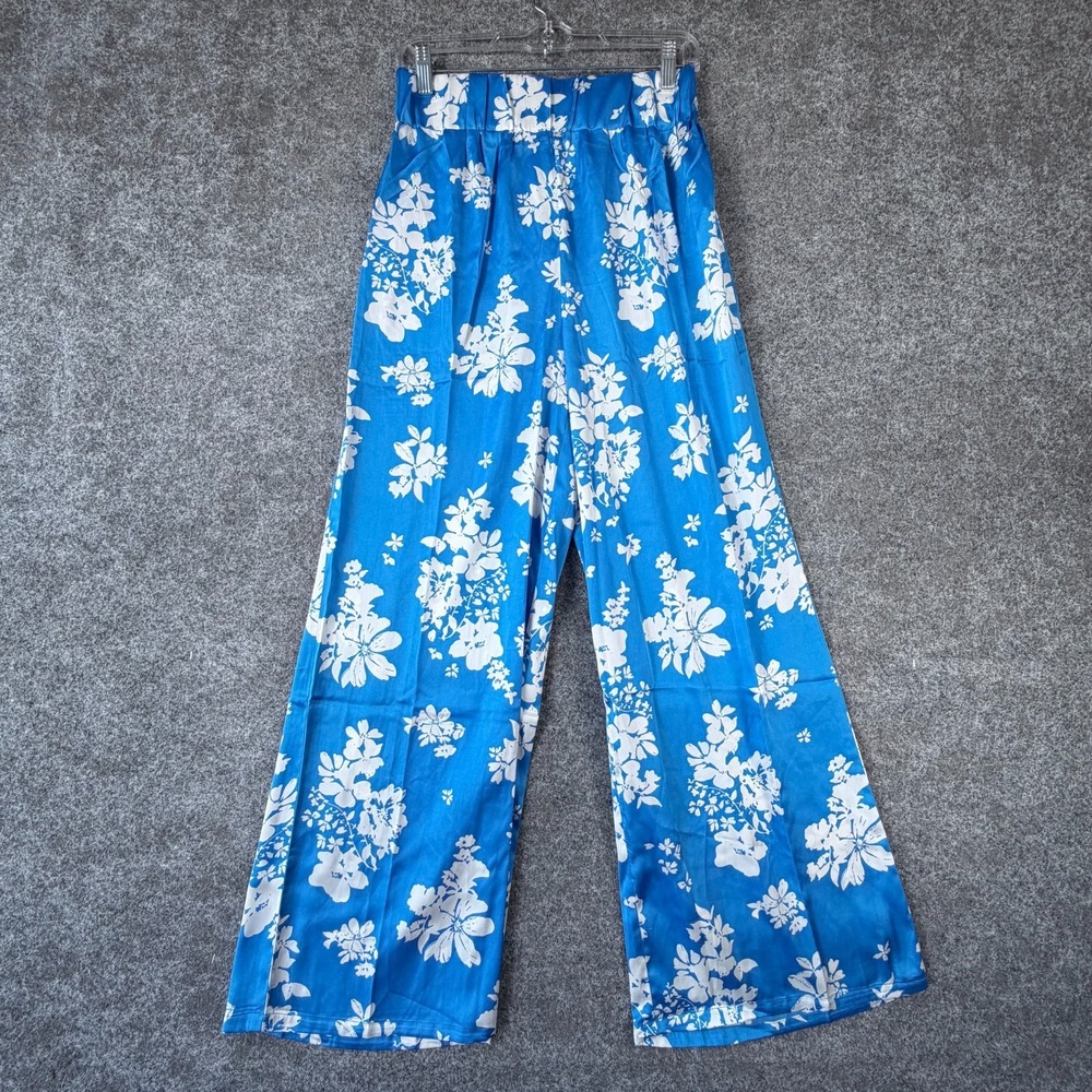 Senseo Pants Women Pants Large Blue White Floral Smocked Elastic Waist High Rise